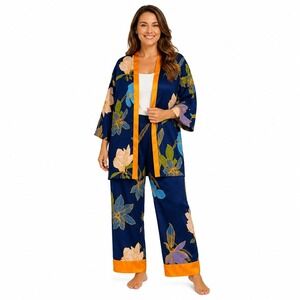 Breezies Pajama Set Womens Medium Blue Orange Floral Satin Kimono Loungewear